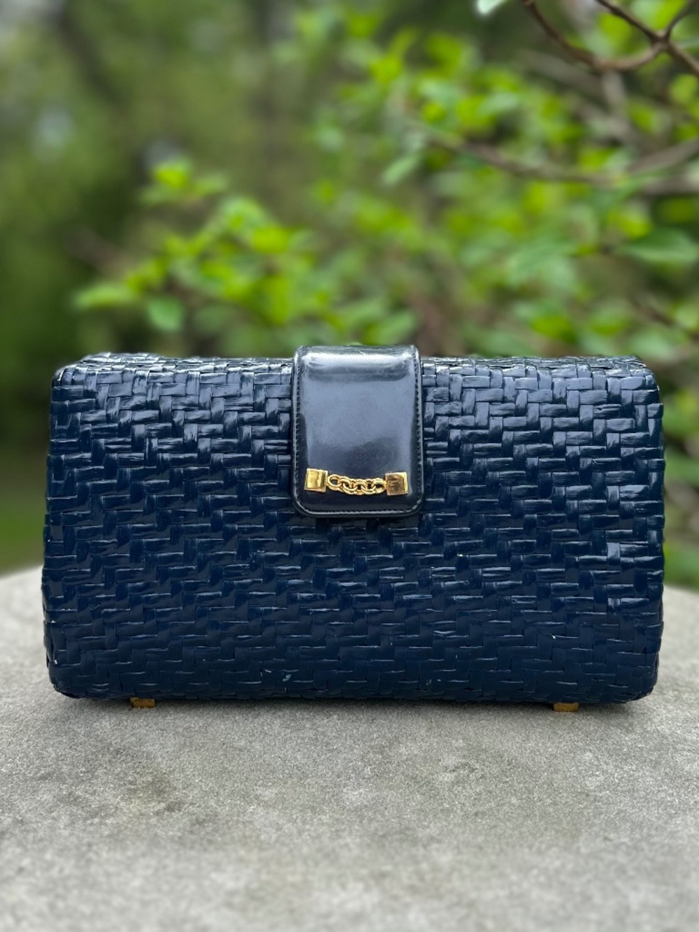 Navy Handbag, Vintage Koret Wicker Clutch, Great for Rush or Game Day